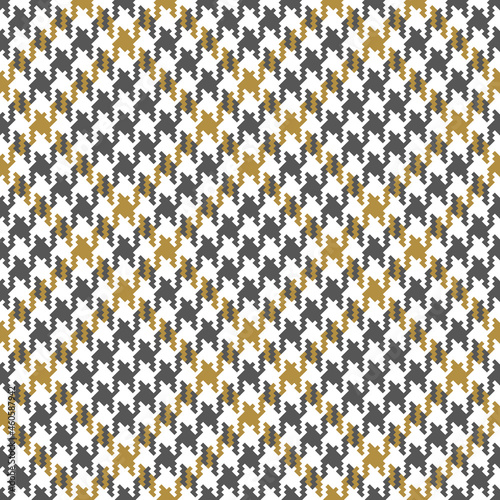 Abstract pattern in grey, gold, white for dress, scarf, skirt, other modern fashion fabric print. Pixel textured houndstooth background. Tweed dog tooth design for spring autumn winter.