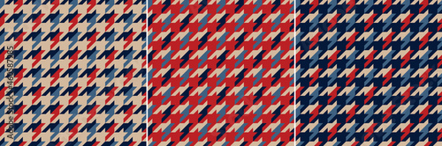 Houndstooth check plaid pattern for autumn winter in navy blue, red, beige. Seamless geometric dog tooth design set for scarf, jacket, skirt, coat, blanket, duvet cover, other modern fashion textile.