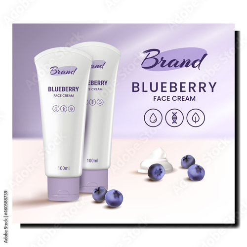 Blueberry Face Cream Creative Promo Poster Vector. Blueberry Face Cream Blank Tubes And Natural Bio Berries On Advertising Banner. Facial Skin Care Cosmetic Style Concept Template Illustration