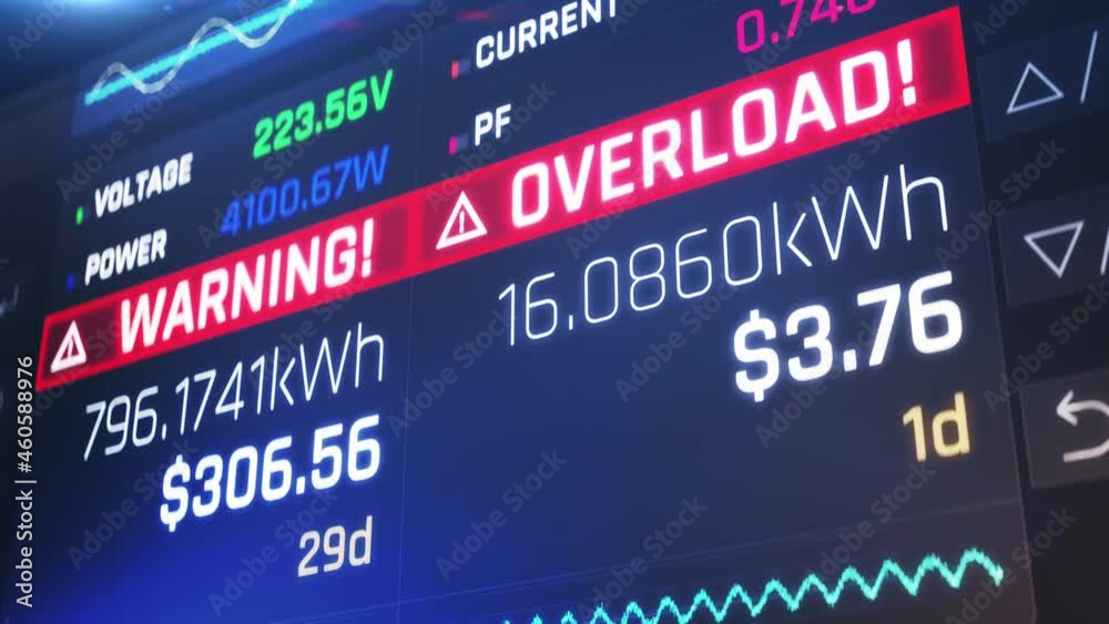 Warning, overload message on digital electricity meter screen, power