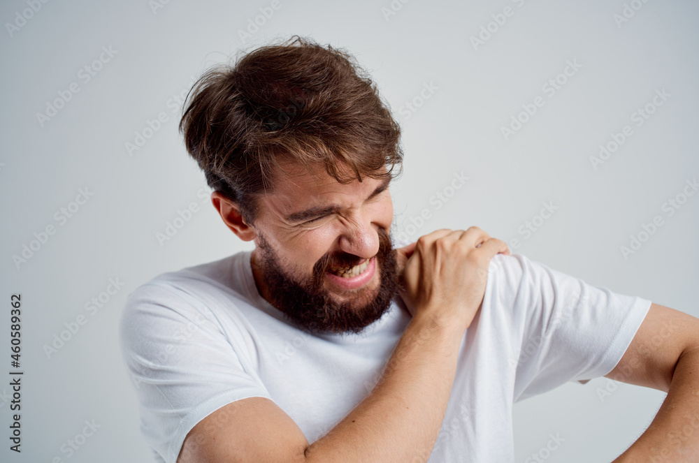 bearded man pain in the neck health problems massage therapy isolated background bearded man pain in the neck health problems massage therapy isolated background