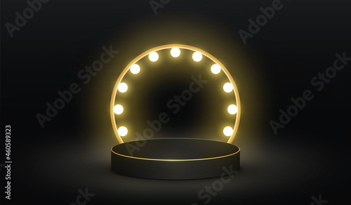 3D black podium with gold border and circle light. Dark luxury background design, vector illustration.