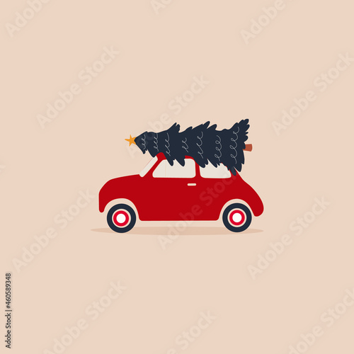 Cute vintage red car on top of Christmas tree driving on isolated beige background. Vector illustration cartoon flat style.