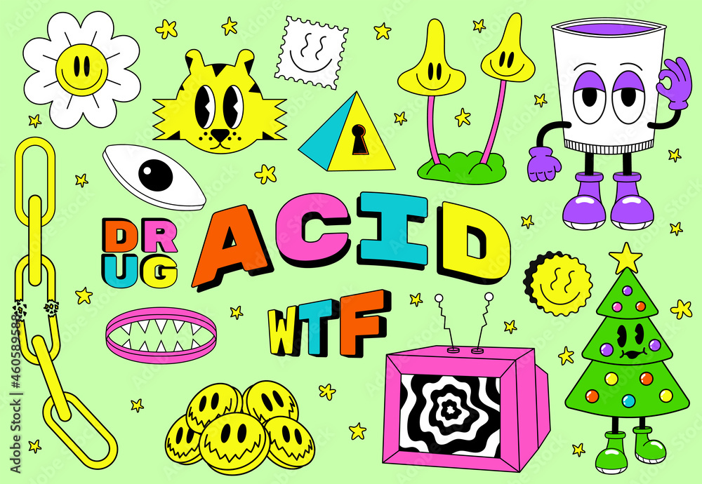 Acid abstract characters and objects. In a cartoon style, a set of bright psychedelics, all elements are isolated