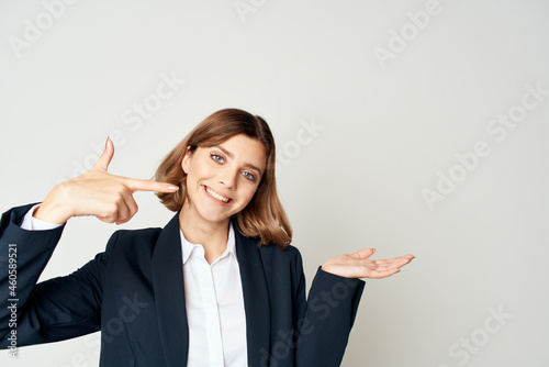 Businesswoman posing office work light background emotions