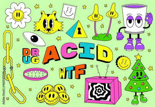 Acid abstract characters and objects. In a cartoon style, a set of bright psychedelics, all elements are isolated