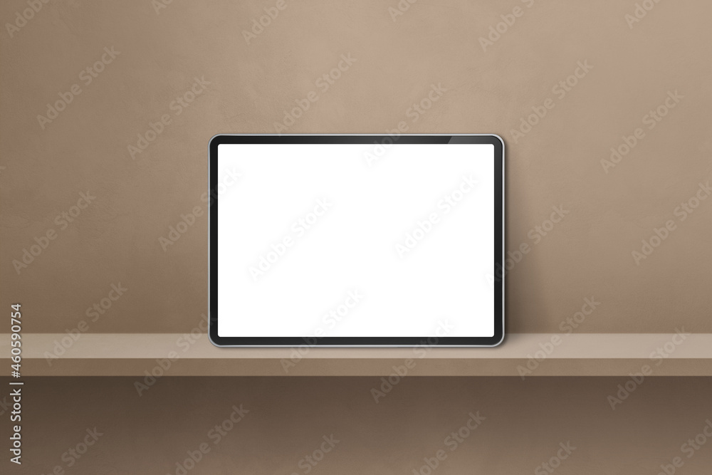 Digital tablet pc on brown wall shelf. Horizontal background banner Digital tablet pc on brown wall shelf. Horizontal background banner