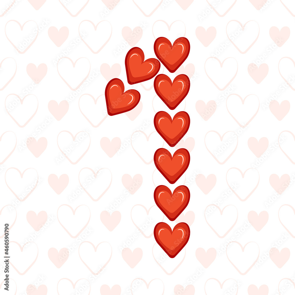 Number one from red hearts on seamless pattern with love symbol. Festive font or decoration for valentine day, wedding, holiday and design
