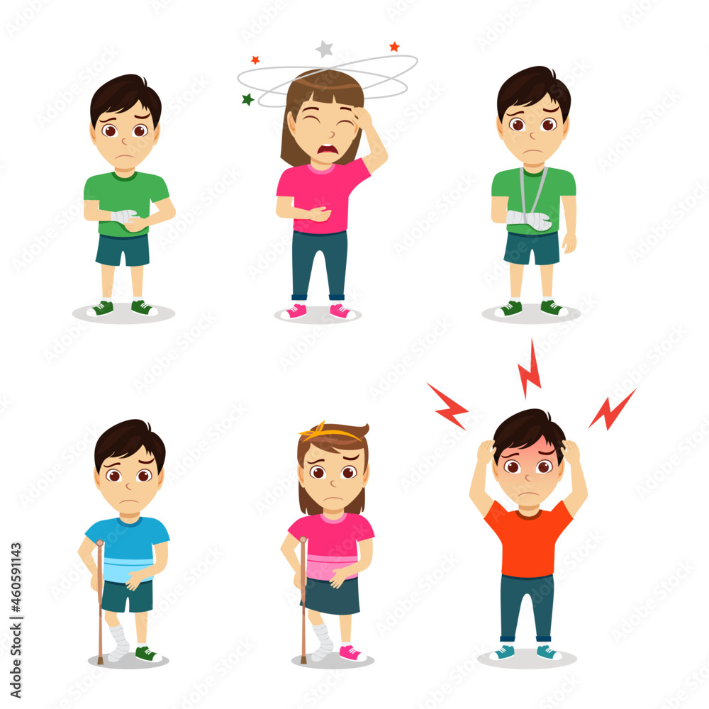 Cute kid boy and girl characters wearing beautiful outfit and standing with headache broken hand broken leg Cute kid boy and girl characters wearing beautiful outfit and standing with headache broken hand broken leg
