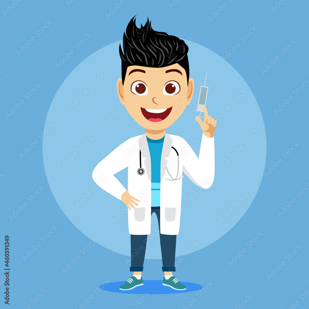 Happy cute kid boy character wearing scientist doctor outfit standing and holding injection Happy cute kid boy character wearing scientist doctor outfit standing and holding injection