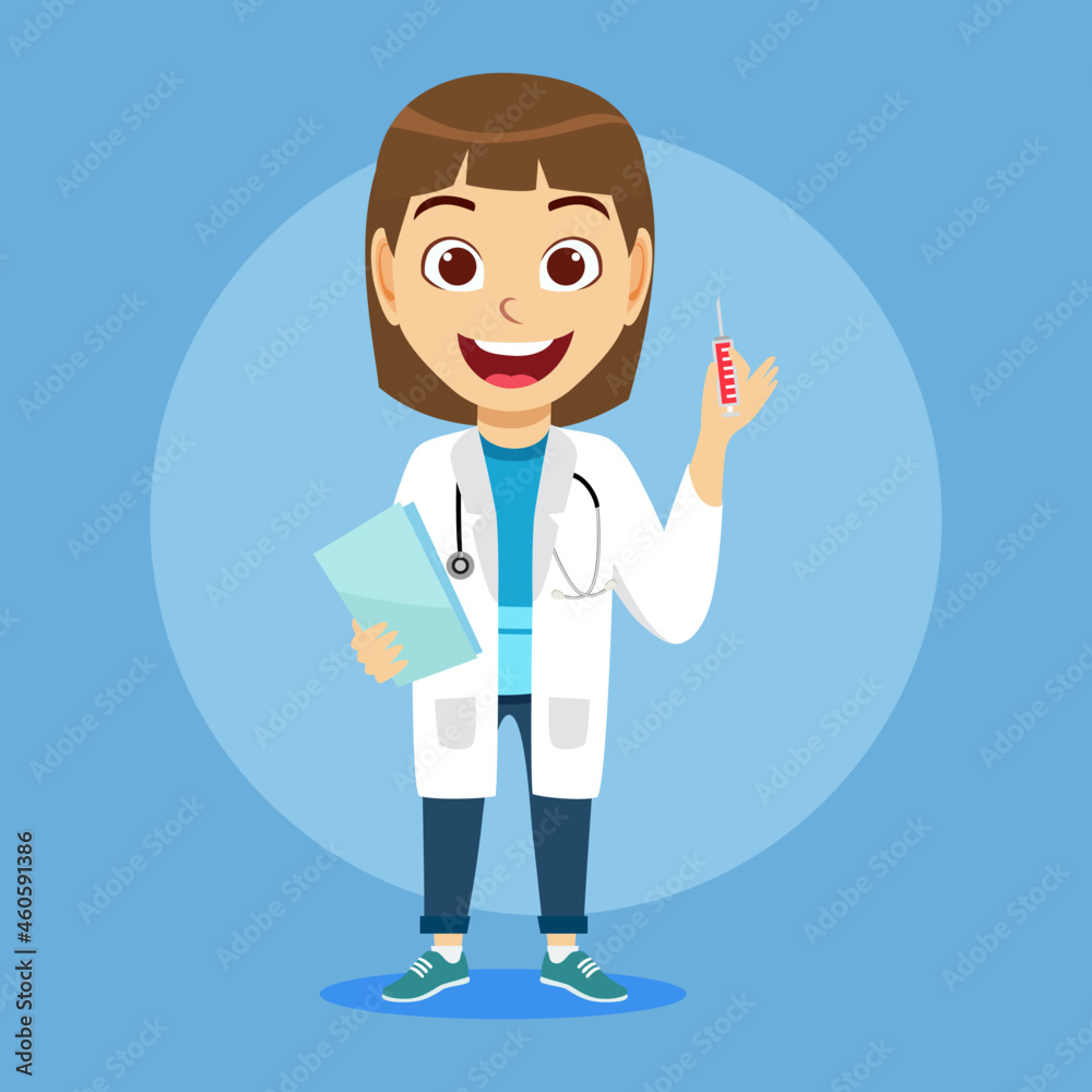 Happy cute kid girl character wearing scientist doctor outfit standing and holding file and injection isolated Happy cute kid girl character wearing scientist doctor outfit standing and holding file and injection isolated