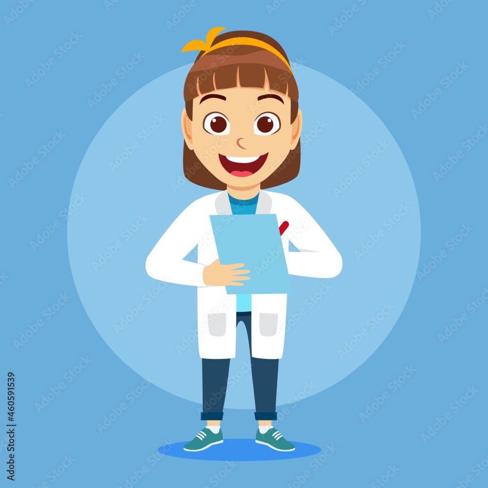 Happy cute kid girl character wearing scientist doctor outfit standing and holding file and writing Happy cute kid girl character wearing scientist doctor outfit standing and holding file and writing