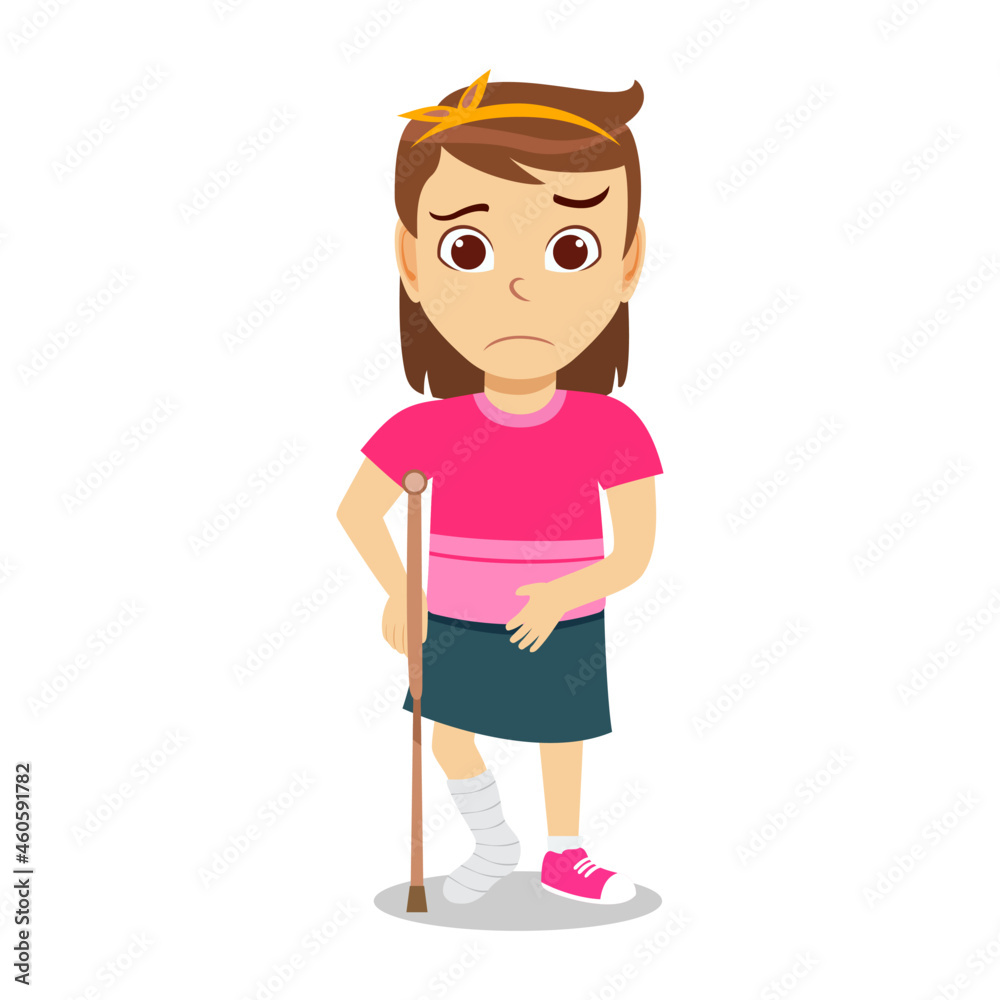 Fototapeta premium Cute beautiful kid girl character wearing beautiful outfit and injured kid with broken leg