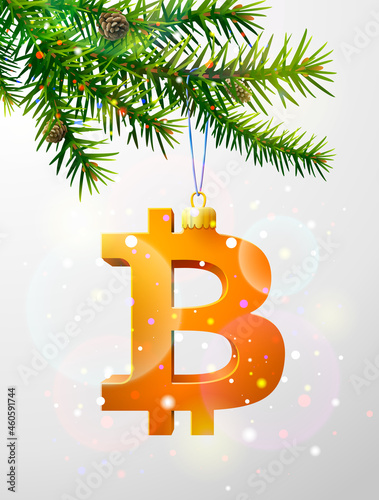 Christmas tree branch with decorative bitcoin symbol. Bitcoin as christmas bauble hanging on pine twig. Vector image for christmas, finance, new years day, banking, new years eve, money, silvester