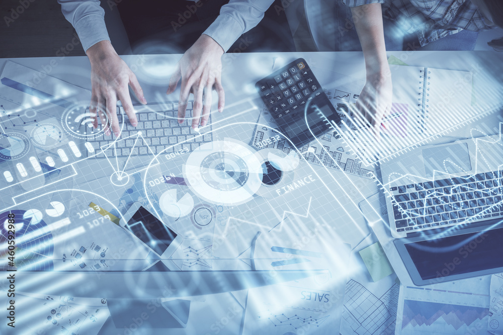 Double exposure of man and woman working together and technology theme drawing. Computer background. Top View. High tech concept.