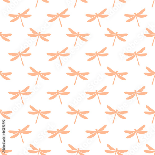 White seamless pattern with pink dragonflies. Cute and childish design for fabric, textile, wallpaper, bedding, swaddles toys or gender-neutral apparel.