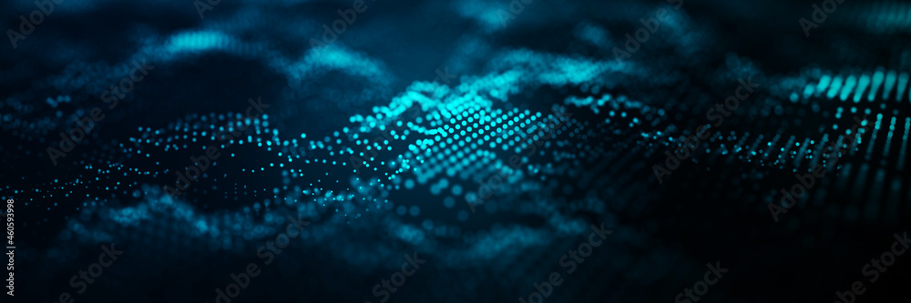 Abstract wave with moving dots and lines. Flow of particles. Cyber technology illustration. 3d rendering Abstract wave with moving dots and lines. Flow of particles. Cyber technology illustration. 3d rendering