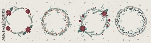 Set of 4 Christmas wreath decoration. Greeting card botanical garland. Wedding invitation template graphic design illustration.