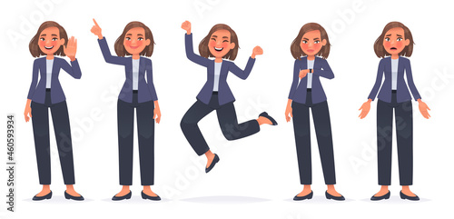 Businesswoman character set. Woman employee of the company greets, points out, jumps happily, looks at the watch