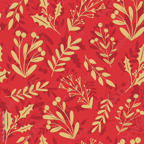 Beautiful winter season, Christmas, New Year floral seamless pattern background. Holly berry, mistletoe plant silhouette on red background. Festive vector backdrop, seasonal textile design.