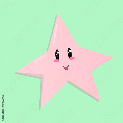 Cute simple pink star isolated, smiling friendly cartoon starfish on light green background