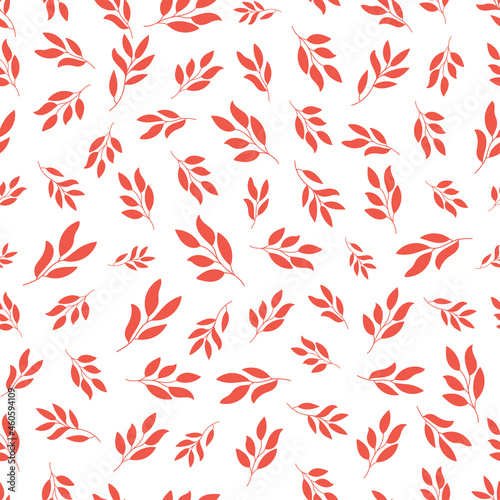 White seamless pattern with red leaves.