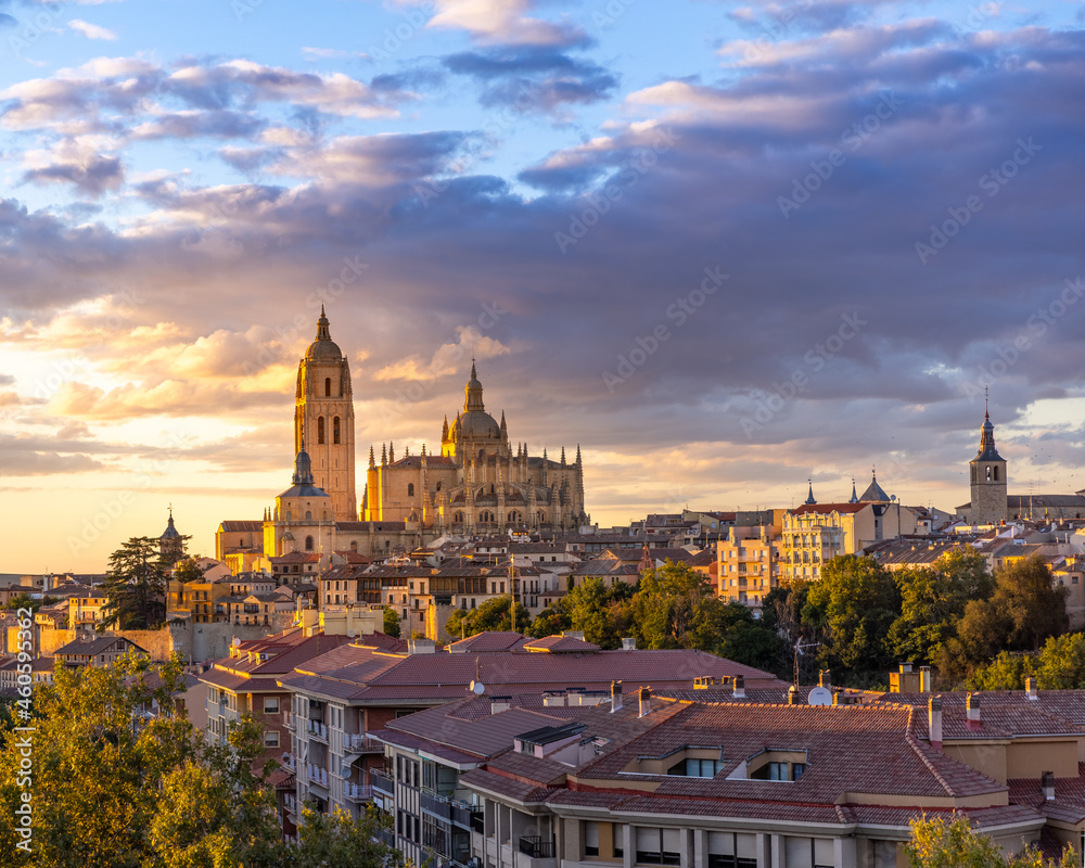 Segovia city view  and cathedral at sunset