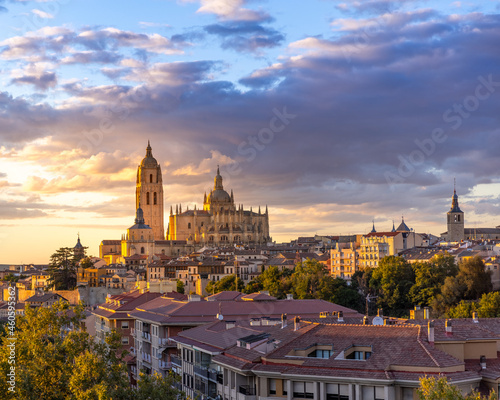 Segovia city view and cathedral at sunset