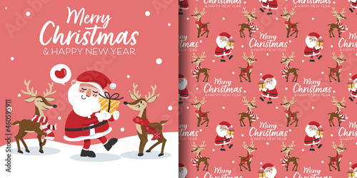 Christmas holiday season banner with Merry Christmas and Happy New Year text and seamless pattern of cute reindeers wear red scarf and santa clause hold a gift box on pink background with snowflakes.