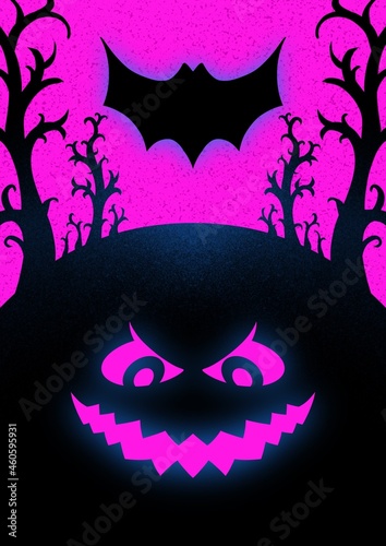 Neon grungy halloween background with scary pumpkins on a tree branch  full neon moon  and bats. Vector Illustration.