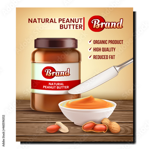 Natural Peanut Butter Promotional Poster Vector. Peanut Butter Blank Bottle, Nuts And Creamy Food With Knife Kitchen Utensil On Wooden Desk Advertising Banner. Style Concept Template Illustration