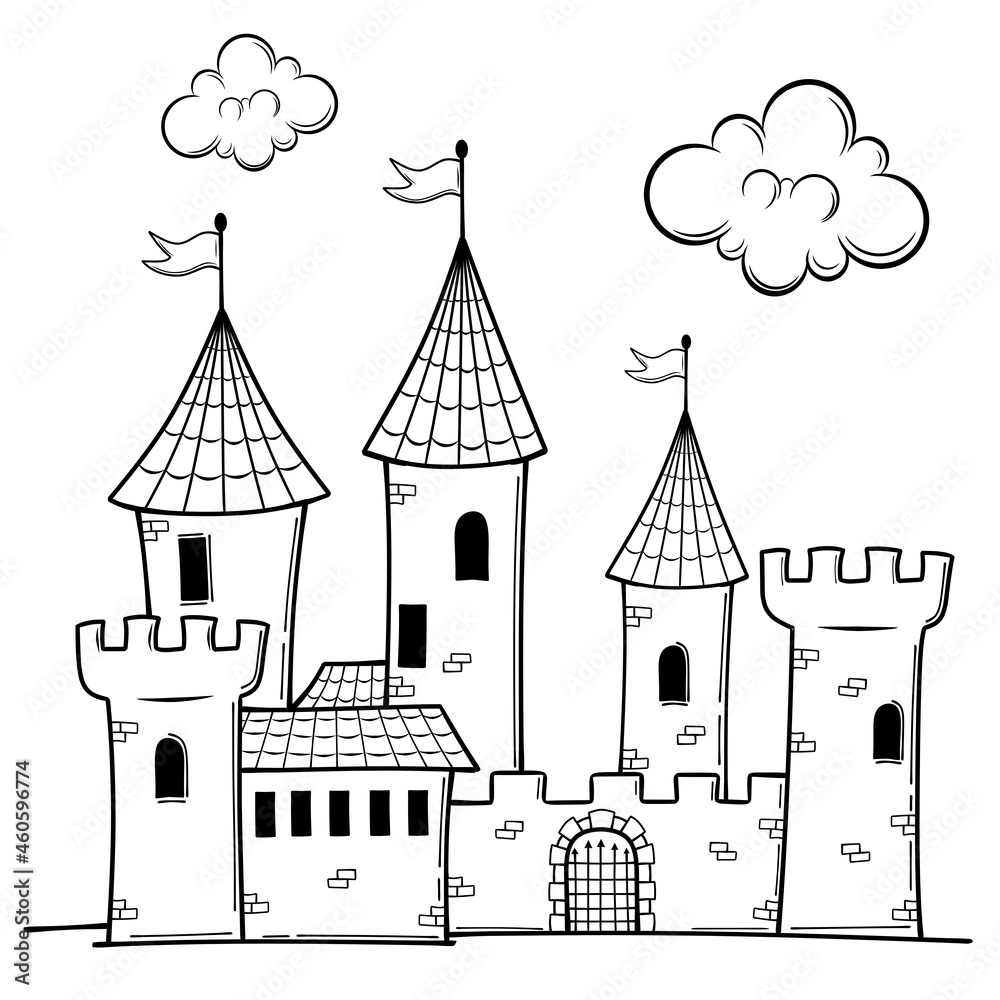 Hand drawn castle coloring page for kids
