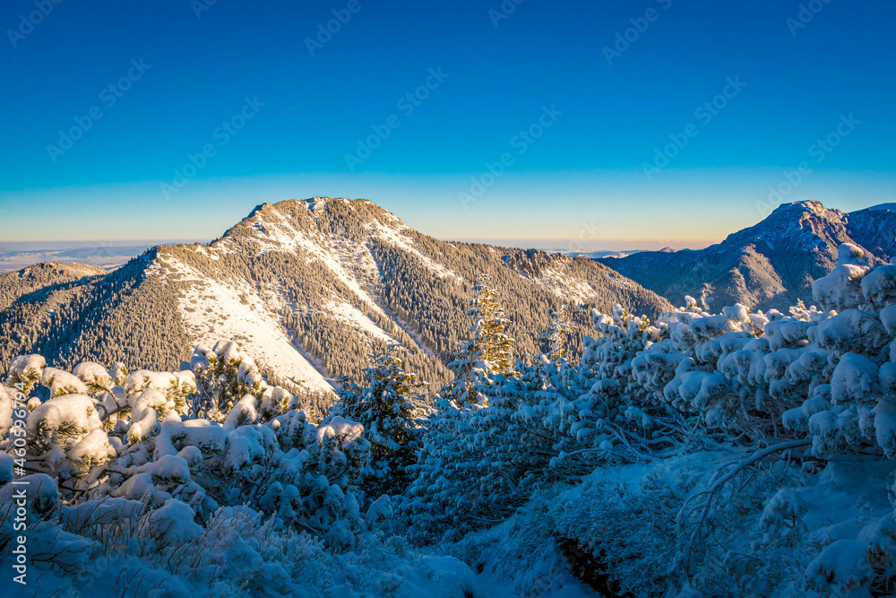 Bobrowiec Peak and cold winter morning view, Western Tatra Mountains, Poland. Bright blue sky, smog and fog in the distance. Selective focus on the rocks, blurred background.