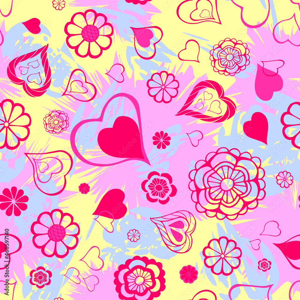 Hand drawn fantasy flowers and hearts random repeat seamless pattern. Greeting card toss repeat surface design. Bright ditsy boundless background. Stains, blobs and splatters doodle endless texture. Hand drawn fantasy flowers and hearts random repeat seamless pattern. Greeting card toss repeat surface design. Bright ditsy boundless background. Stains, blobs and splatters doodle endless texture.