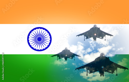 India air forces strike concept. Fighter aircrafts on Indian flag background photo