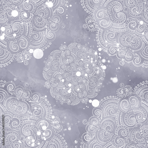 Ornamental snowflakes seamless pattern. Digital lines hand drawn picture with watercolour texture. Mixed media artwork. Endless motif for packaging, scrapbooking, textiles.