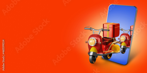 Delivery man scooter on red background. Delivery man's scooter drives out of smartphone. Courier transport metaphor. Courier service application. Courier company mobile application. Dilivery apps.