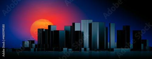 Night city skyline. Rendering sunset over skyscrapers. Red moon is behind city. City       skyline in foggy environment. Purple cold scale. Three-dimensional abstract skyscrapers. 3d rendering.