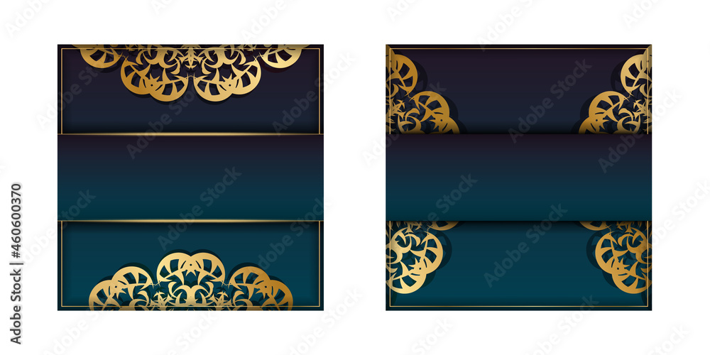 Fototapeta premium Template Greeting card with a gradient blue color with a gold mandala pattern prepared for printing.
