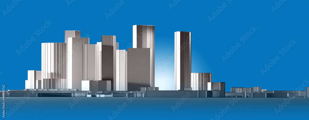 Linear landscape of metropolis. City with skyscrapers. Skyline of skyscrapers. Panoramic view of metropolis. Linear architectural background. Downtown skyscrapers on blue background. 3d image