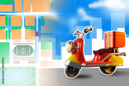Courier scooter. Courier scooter on city map background. Red scooter delivery man. Map showing location courier. Moped symbolizes delivery service. Concept tracking delivery person on map. 3d image