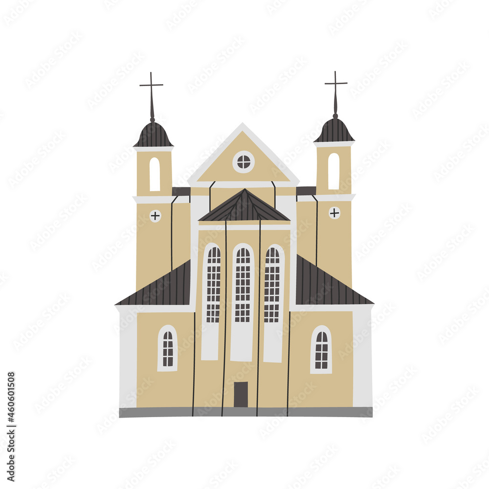 Vector color hand drawn illustration with The Church of Peter and Paul. Minsk, Belarus. Orthodox architecture