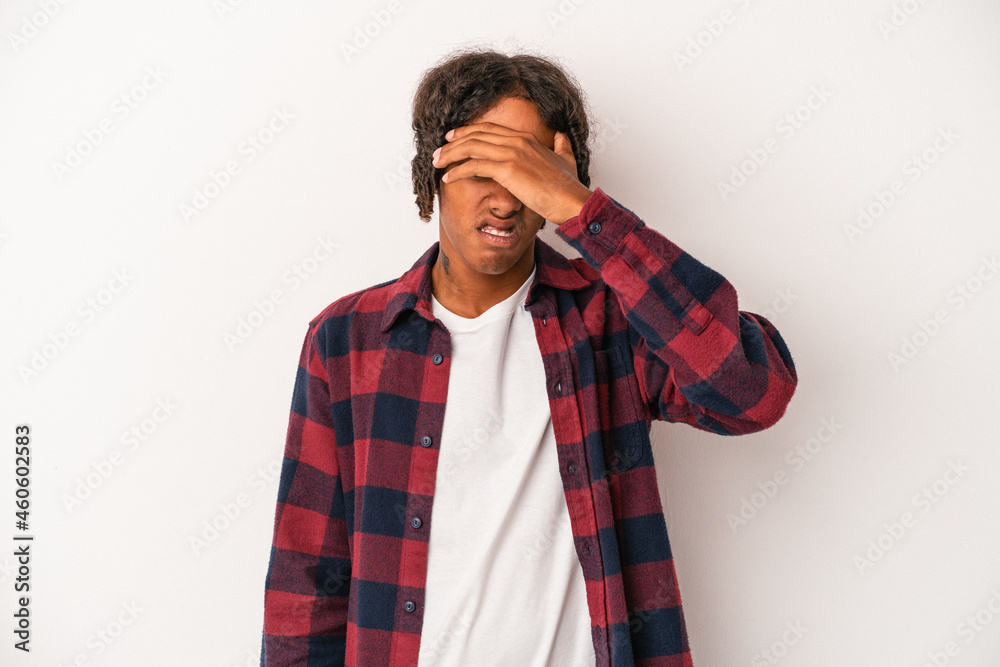 Young african american man isolated on white background touching temples and having headache. Young african american man isolated on white background touching temples and having headache.