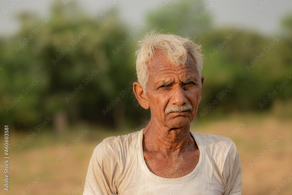 front view Portrait of an Indian-origin senior aged farmer standing in the field after working and wearing a white dirty mud vest front view Portrait of an Indian-origin senior aged farmer standing in the field after working and wearing a white dirty mud vest