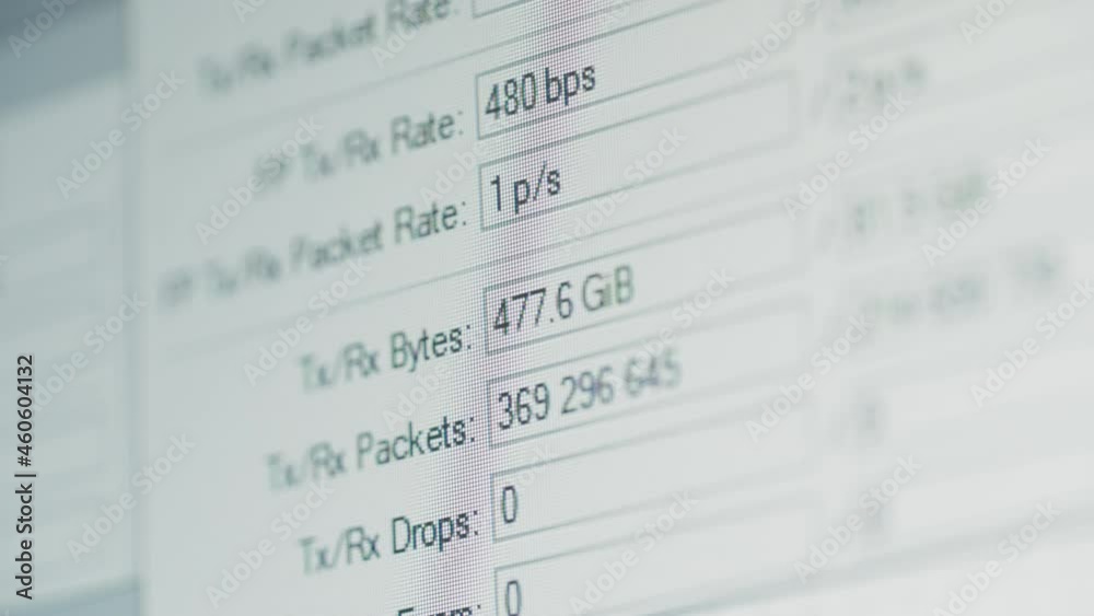 Network interface table with the amount of received and transmitted data, tx rx. Network statistics, interface counter Network interface table with the amount of received and transmitted data, tx rx. Network statistics, interface counter