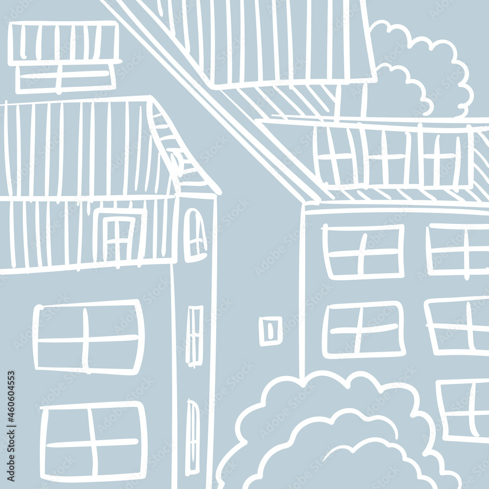 Hand drawn buildings in city in doodle style, Vector illustration white lines
