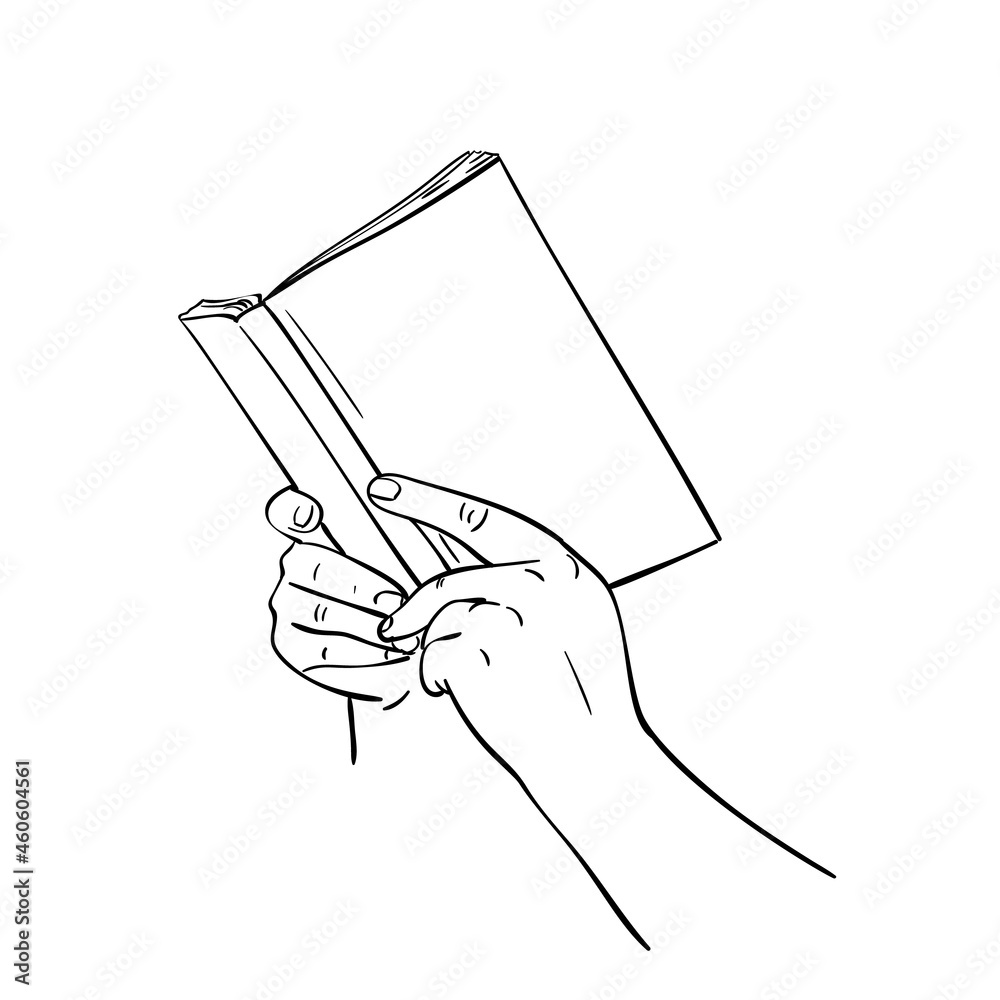 Sketch of hands holding open book with blank cover mockup, Hand drawn