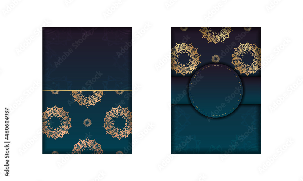 Greeting Brochure template with gradient blue color with vintage gold ornament ready for printing. Greeting Brochure template with gradient blue color with vintage gold ornament ready for printing.