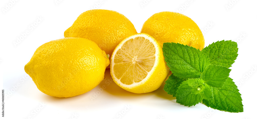 Fresh lemons with half, isolated on white background.