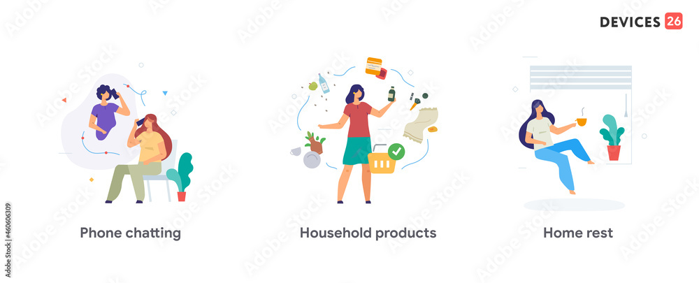 People use smartphones,home, care, rest, leisure set of icons, illustration. Smartphones tablets user interface social media.Flat illustration Icons infographics. Landing page site print poster.